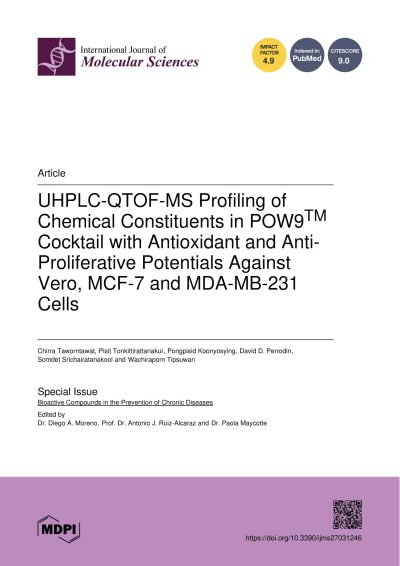 การวิเคราะห์สารสำคัญในสูตร POW9™ ด้วยเทคนิค UHPLC-QTOF-MS และการศึกษาฤทธิ์ต้านอนุมูลอิสระและยับยั้งการเจริญของเซลล์มะเร็งเต้านม